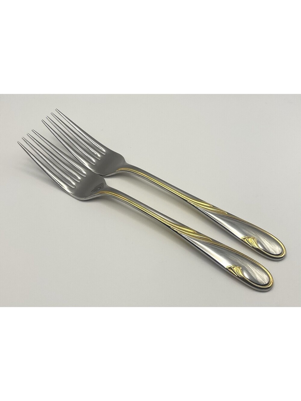 (2) Gorham GOLDEN SWIRL 18/8 Stainless Japan Dinner Fork Lot ~ 7 7/8”